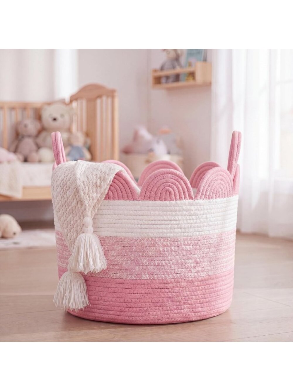 Large Pink Scalloped Cotton Rope Basket with Handles - Perfect for Toys